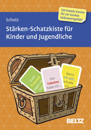 Produktbox: STÄRKEN Schatzkiste für Kinder und Jugendliche mit 120 Karten zur spielerischen Ressourcenaktivierung bei Schulstress und Leistungsdruck.